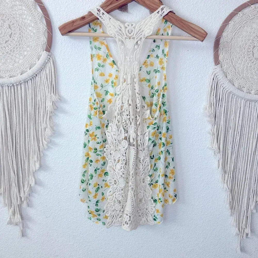 Free people ditsy floral yellow crochet detail high low tank top XS - Picture 3 of 5
